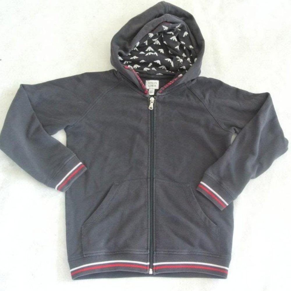 ARMANI JR. 100% AUTH. BOY'S FULL ZIP HOODIE SWEATSHIRT NAVY LOGO SZ. 8
